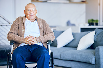 Image showing Senior man, portrait and wheelchair in retirement house with a smile from elderly care. Confidence, relax and living room with male person with a disability from Mexico happy in a old age home