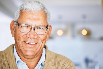 Image showing Mockup, smile and portrait of senior man happy for healthy retirement in a home living room to relax. Confident, face and proud elderly person calm in a house for vacation or holiday in Brazil