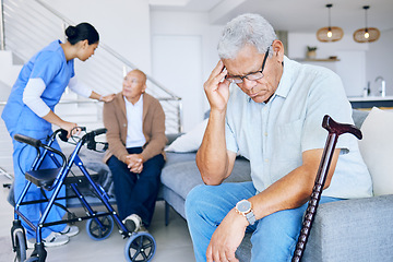 Image showing Healthcare, doctor and a man with a headache in a nursing home, depression or consultation. Talking, help and a nurse with elderly people for support with a migraine, retirement stress or sick