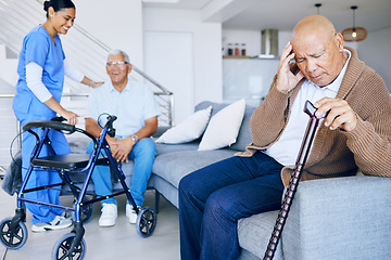 Image showing Senior, doctor and a man with a headache in a nursing home, depression or pain consultation. Talking, help and a nurse with elderly people for support with a migraine, retirement stress or sick