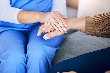 Image showing Closeup, nurse and patient holding hands, support and consultation with healthcare, empathy and compassion. Zoom, caregiver or pensioner with sympathy, help and advice with results or rehabilitation