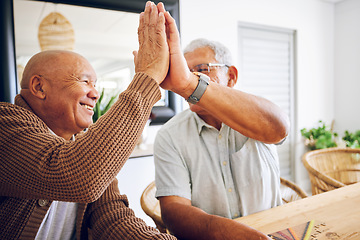 Image showing Senior game, happy and men with a high five for success, motivation or a win. Smile, together and elderly people with a hand gesture for support, goal or trust in a retirement home with solidarity