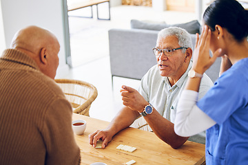 Image showing Senior people, conflict and nurse with stress or headache from working with elderly men or woman with burnout or migraine. Tired, frustrated or caregiver with fight or argument in nursing home