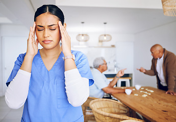 Image showing Caregiver, nurse and headache from stress in working with elderly, nursing home or woman with burnout, migraine ir fatigue. Tired, frustrated or person in pain with senior people in conflict or fight