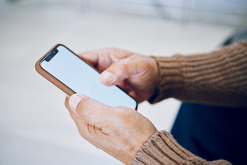 Image showing Phone screen, mockup and hands for internet advertising at home with social media, website or text. Closeup of a person with a smartphone and blank space for network, online marketing and ui or ux