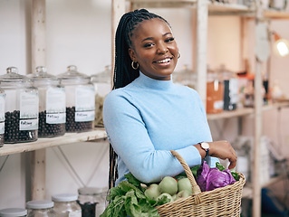 Image showing Black woman, portrait and shopping basket with vegetables, healthy food and diet produce in local grocery store. Smile, face and African customer or nutritionist in retail supermarket for fruit sales