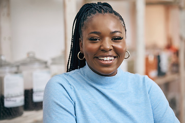 Image showing Black woman, portrait and shopping in local grocery store for healthy food, nutrition and wellness product sales. Smile, face and African customer in supermarket for retail purchase, buying and deal