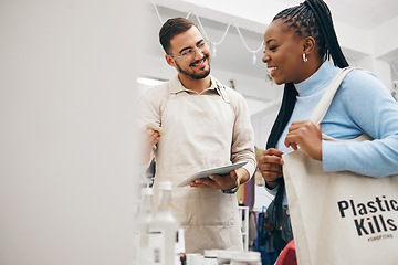 Image showing Man, black woman and eco friendly grocery store shopping bag with commitment to climate change at sustainable small business. Recycling, plastic kills logo and people at supermarket with sales choice