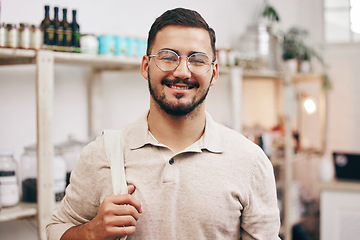 Image showing Man, portrait and shopping in local grocery store for healthy food, nutrition and wellness product sales. Smile, face and customer nutritionist in Iran supermarket for retail purchase, buying or deal