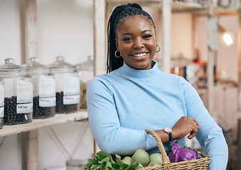 Image showing Black woman, face and shopping basket with vegetables, healthy food and diet produce in local grocery store. Smile, portrait and African customer or nutritionist in retail supermarket for fruit sales