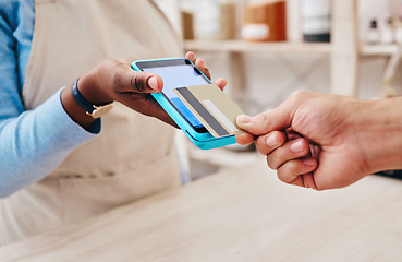 Image showing Credit card, payment screen and hand with store cashier, machine and transaction in a retail shop. Discount, ecommerce and shopping with electronic pay, fintech and customer with purchase and tech