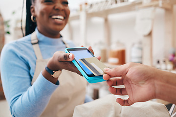 Image showing Credit card, store payment and hand with cashier, machine and transaction in a retail shop. Discount, ecommerce and shopping with electronic pay, fintech and customer with purchase and financial tech