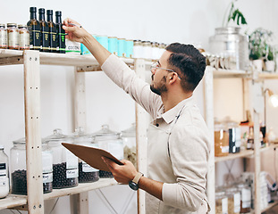 Image showing Grocery store, eco friendly and man with clipboard for stock list, healthy food and sales report. Checklist, inventory and manager at small business, sustainable supermarket and groceries on shelf.