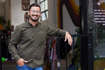 Image showing Happy, man or portrait in clothes store, fashion workshop or thrift shop in owner pride. Smile, confident or professional designer in clothing small business, retail and second hand donation industry