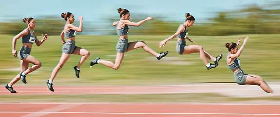 Image showing Sports, long jump and sequence of woman on race track in stadium for exercise, training and workout. Fitness, fast and female athlete in action with motion blur for challenge, competition and jumping