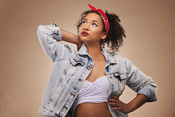 Image showing Gen z woman, thinking and fashion in studio with ideas, trendy style and makeup by brown background. African girl, model or student with vision, aesthetic and memory with edgy clothes for decision