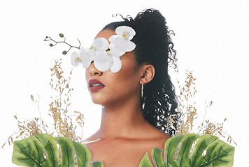 Image showing Beauty, cosmetics and face of woman with flowers for wellness, natural skincare and dermatology in studio. Orchid, facial and person with makeup, glamour and facial aesthetic on white background