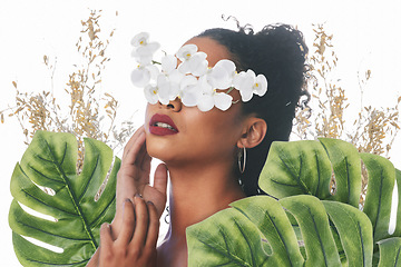 Image showing Beauty, aesthetic and face of woman with flowers for wellness, natural cosmetics and skincare in studio. Orchid, leaf and female person florals for makeup, glamour and facial on white background