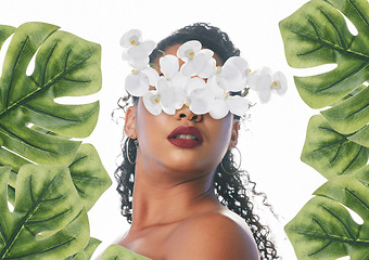 Image showing Beauty, makeup and face of woman with flowers for wellness, natural cosmetics and skincare in studio. Orchid, art deco and female person for floral aesthetic, glamour and facial on white background