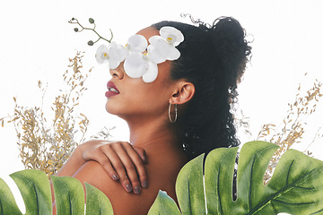 Image showing Beauty, salon and woman with flowers for wellness, natural cosmetics and skincare aesthetic in studio. Orchid floral, dermatology and female person for makeup, glamour and facial on white background