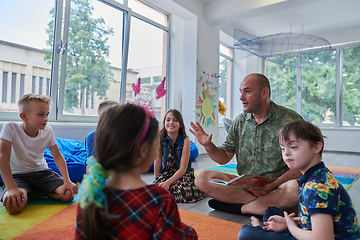 Image showing Reading time in an elementary school or kindergarten, a teacher reading a book to children in an elementary school or kindergarten. The concept of pre-school education. Selective focus