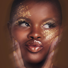 Image showing Art, motion of black woman with gold makeup and blurred background, glitter paint and cosmetics. Shine, glow and African model in studio for beauty, fashion and aesthetic freedom in luxury skincare.