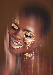 Image showing Gold beauty, spa mask and woman with blur in studio with glitter cosmetics and sparkle art. Brown background, African female model and shine from paint and skin glow with golden luxury treatment