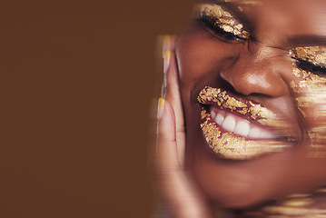 Image showing Art, portrait of black woman with gold makeup and blurred background, glitter paint and cosmetics. Shine, glow and African model in studio for beauty, fashion and aesthetic freedom in luxury skincare