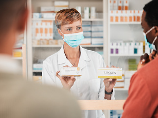 Image showing Face mask, pharmacist and medicine pills help for patient asthma, virus and breathing drugs choice. Woman, customer and medical product solution in pharmacy wellness sales, retail or healthcare trust