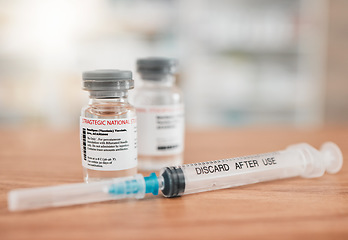 Image showing Pharmacy, syringe and vial in vaccine for medication, illness or cure in healthcare on table. Drugs, needle and pharmaceutical product on desk for vaccination, flu shot or equipment at clinic store