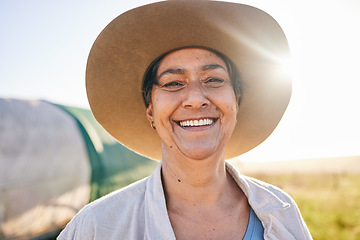 Image showing Portrait, smile and senior woman with agriculture, farm and countryside with peace, ecology and harvest. Face, mature person and farmer with happiness, summer and sustainable nature and environment