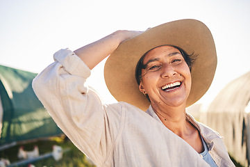Image showing Farm, happy and portrait of woman in countryside, field and nature for small business, growth and ecology. Agriculture, sustainable farming and person with chicken for free range poultry production