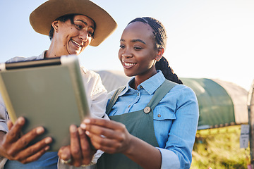 Image showing Farm, agriculture team and women on tablet in field or nature for internet, research and growth analysis. Countryside, sustainable farming and farmers on digital tech for production data outdoors