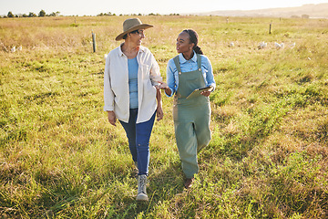 Image showing Agriculture, walking and women on tablet on farm for internet, research and growth in countryside. Discussion, sustainable farming and people on digital tech for inventory, planning and inspection