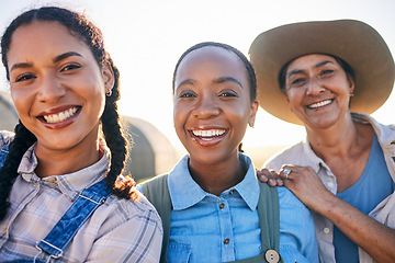 Image showing Women, agriculture and group portrait with smile, countryside and friends with smile, harvest and farming in summer. Female teamwork, agro job and support in sunset, field and outdoor in environment