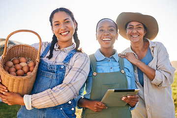 Image showing Chicken farm, women and happy portrait outdoor with farmer management and egg collection. Agriculture, sustainability and female group smile with small business in countryside with eco friendly work