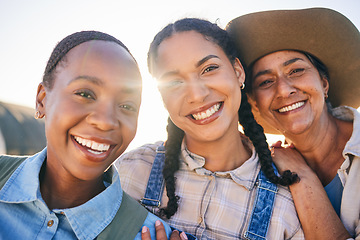 Image showing Women, farming and group portrait with smile, countryside and friends with agro collaboration, motivation and summer. Female teamwork, job and support in sunshine, field and outdoor in agriculture