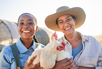 Image showing Farm, chicken and portrait of women in field for animal inspection, growth and health of birds. Agriculture, small business and farmers smile for free range poultry, protein and eggs production