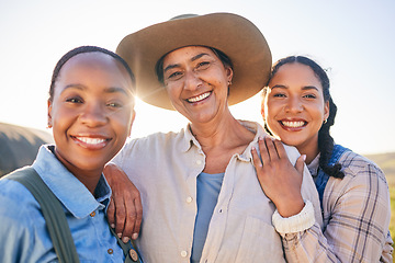 Image showing Countryside, outdoor and women with a smile, agriculture and connect with fun, happiness and relax. Portrait, female people or happy friends with sustainability, vacation and adventure with a journey