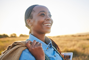 Image showing Agriculture, thinking and smile with black woman on farm for environment, sustainability and plant. Garden, grass and nature with person in countryside field for ecology, production and soil health