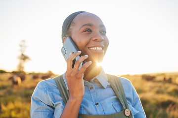 Image showing Phone call, countryside and black woman with a smile, agriculture and communication with network. Person outdoor, girl or farmer with a smartphone, conversation and connection with nature and contact