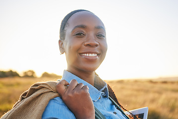 Image showing Agriculture, sunset and portrait of black woman on farm for environment, sustainability and plant. Garden, grass and nature with person in countryside field for ecology, production and soil health