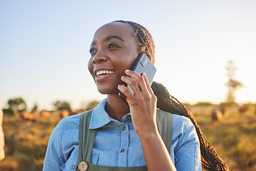 Image showing Phone call, countryside and black woman with connection, agriculture and communication with a smile. Person outdoor, girl or farmer with a cellphone, conversation and ecology with nature and contact