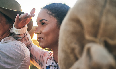 Image showing Farm harvest, woman closeup and countryside watching with working on a grass field with grain bag. Sustainability, eco friendly and agriculture outdoor in nature with farmer management mission