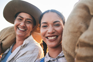 Image showing Farm harvest, women portrait and countryside with a smile from working on a grass field with grain bag. Sustainability, eco friendly and agriculture outdoor in nature with farmer management mission