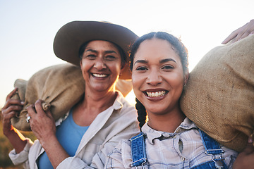 Image showing Farm harvest, women and happy portrait in countryside with a smile from working on a grass field with grain bag. Sustainability, eco friendly and agriculture outdoor in nature with farming management