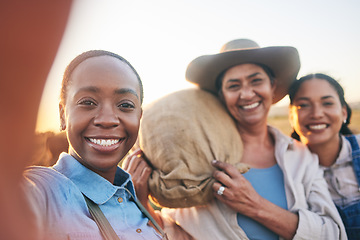 Image showing Women, agriculture and group selfie with smile, countryside and bag with memory, harvest and farming in summer. Female teamwork, agro job and photography in nature, happy and outdoor in social media