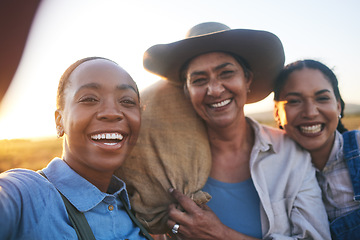 Image showing Women, agriculture and group in outdoor selfie with smile, countryside or bag with memory, harvest and farming. Female teamwork, agro job and photography in nature, happy and summer on social network