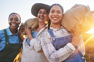 Image showing Smile, farming and portrait of women with harvest bags, food and happy with sustainability. Laughing, morning and farm employees working in a field together for countryside labor or agriculture