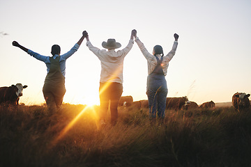 Image showing Farm, success and women back with celebration, happy and excited for cattle industry growth or development. Friends, farmer and rear view of farming team celebrating agriculture, victory or milestone